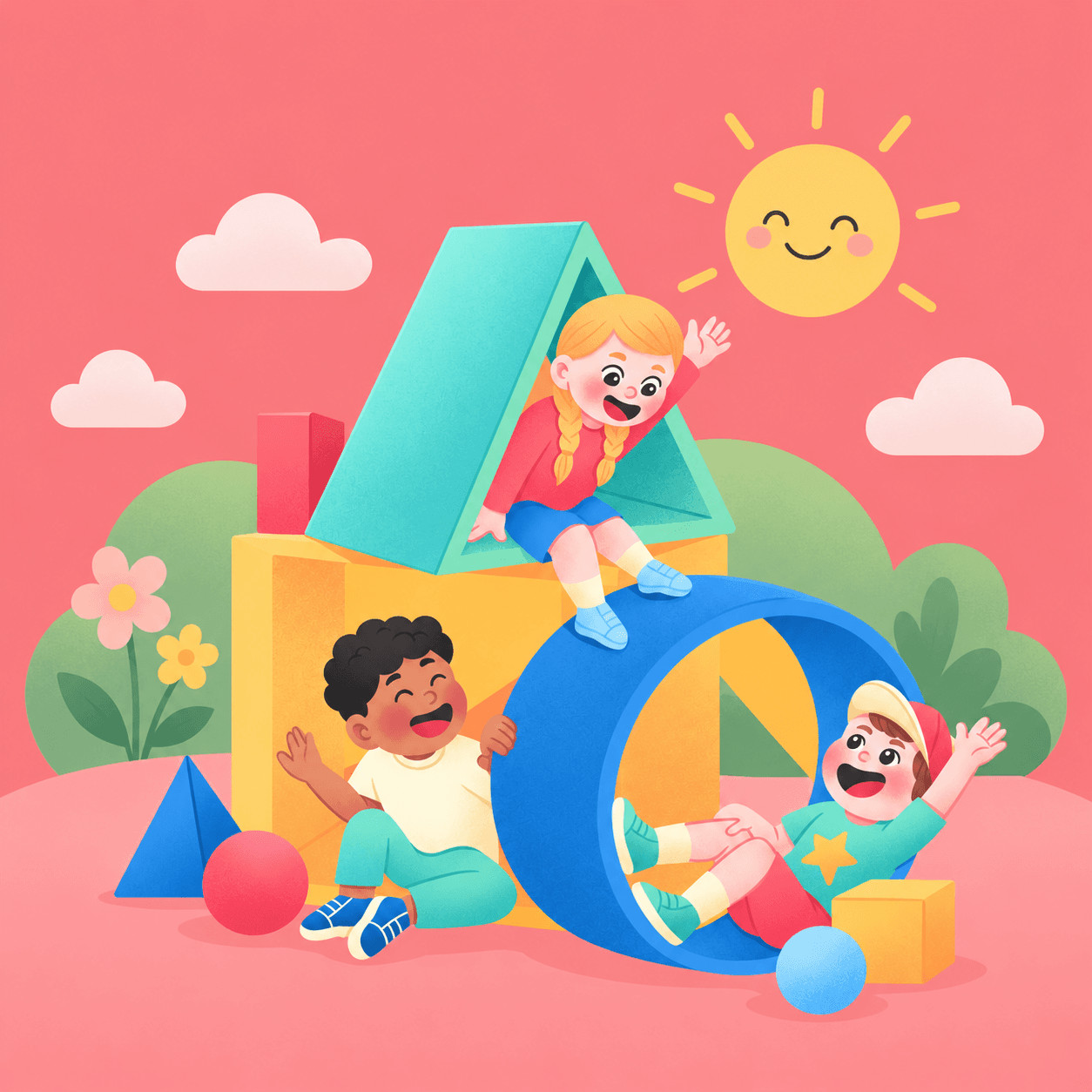 Illustration of happy children playing with colourful blocks under a smiling sun